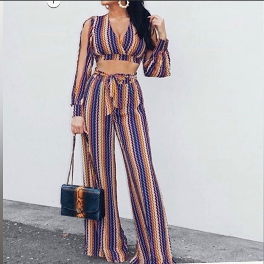 🪞 NEW deep v neck top and tie  waist wide leg pants matching 2 piece  pants set